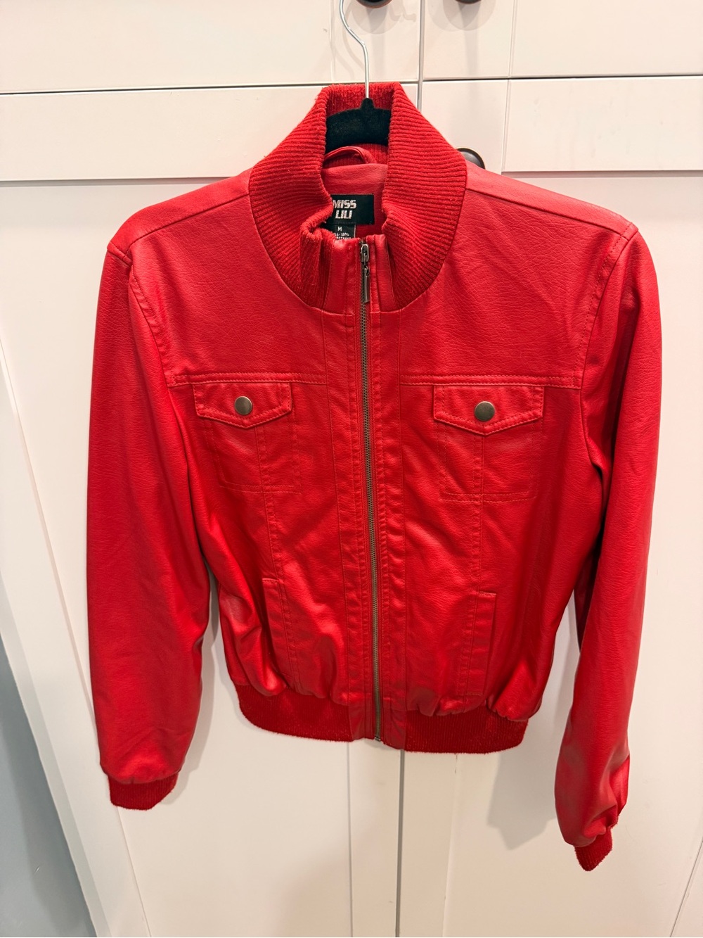 Miss Lili Bright Red Bomber Jacket with Snap Chest Pockets